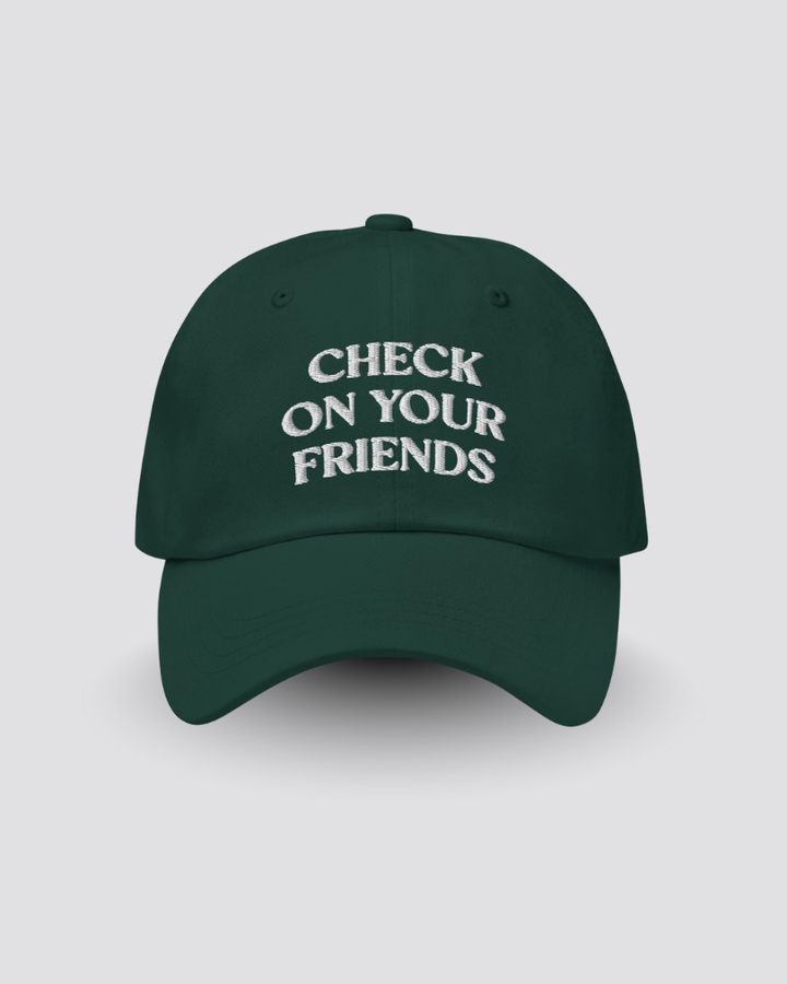 Green cap with 'Check on your friends' text on a light gray background