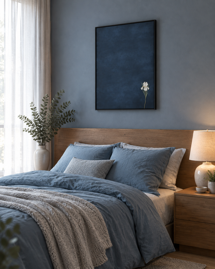 A styled bedroom scene with a bed dressed in blue bedding and a textured cream throw blanket, set against a blue-gray wall with a dark framed wall art piece and a lit bedside lamp.