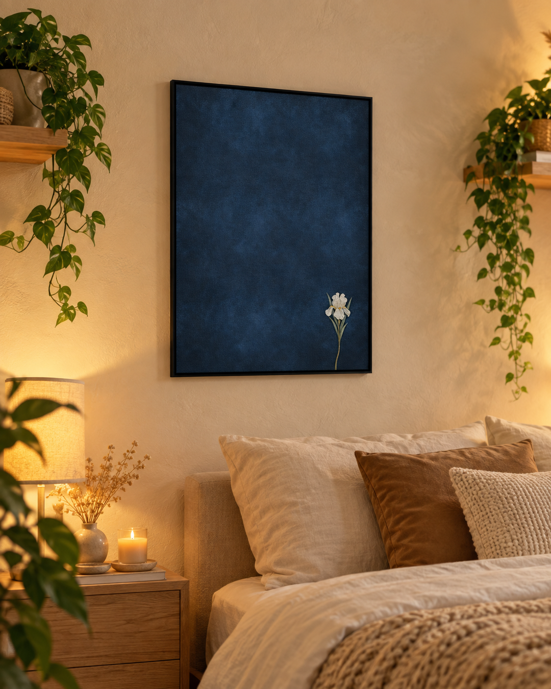 A framed vertical art print featuring a textured dark navy blue background with a single small white flower in the lower right, displayed on a warm beige wall above a bed in a cozy, softly lit bedroom.