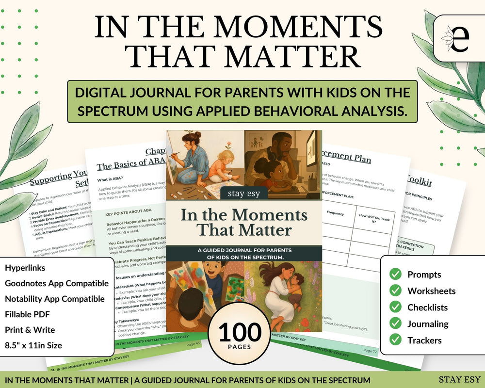 Digital journal for parents with kids on the spectrum using applied behavioral analysis, featuring text and images of the product.