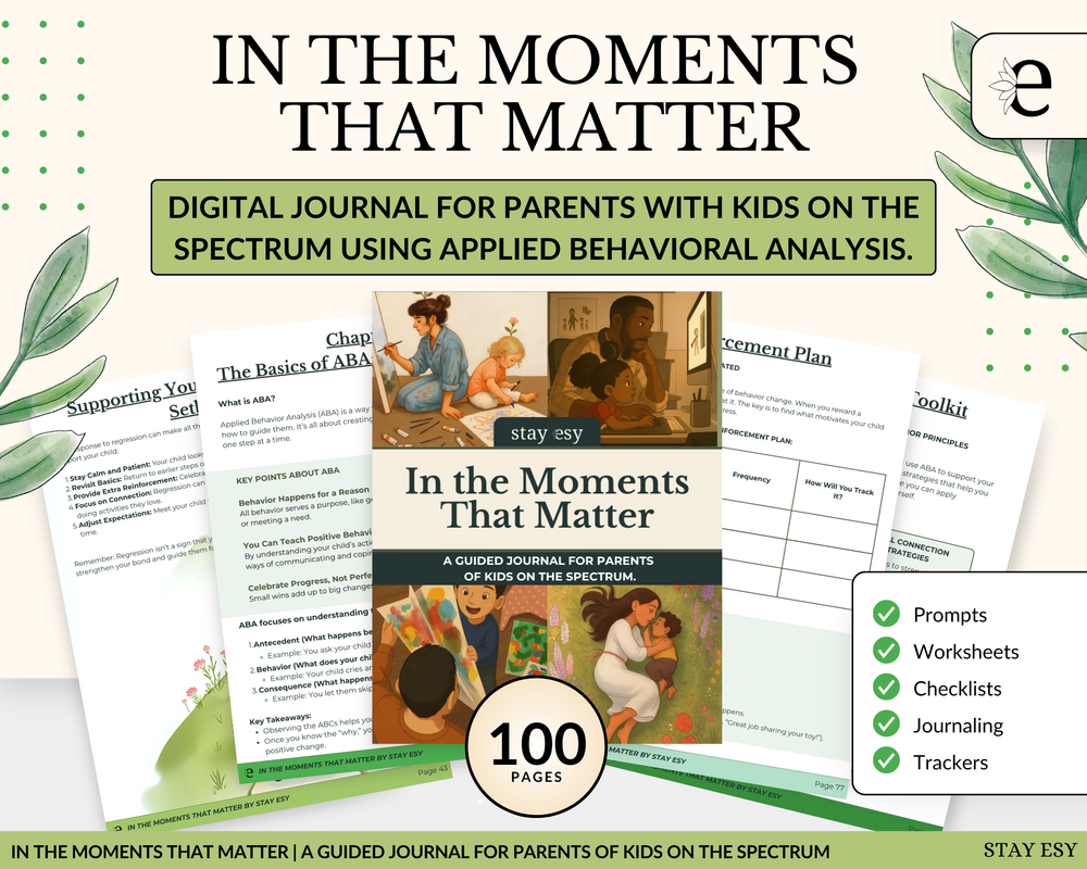 Digital journal for parents with kids on the spectrum using applied behavioral analysis, featuring pages and cover.
