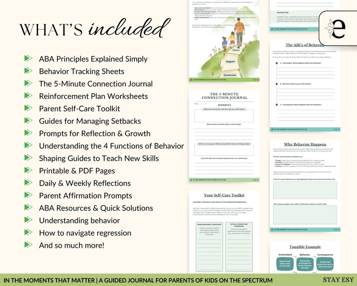 Product packaging with a list of included items and a preview of a journal page.