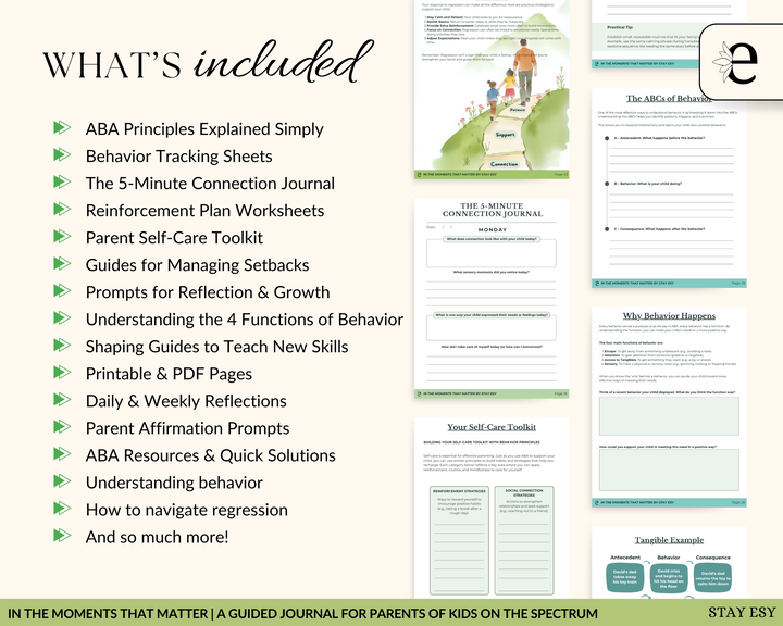 Product packaging with a list of included items and a preview of a journal page.
