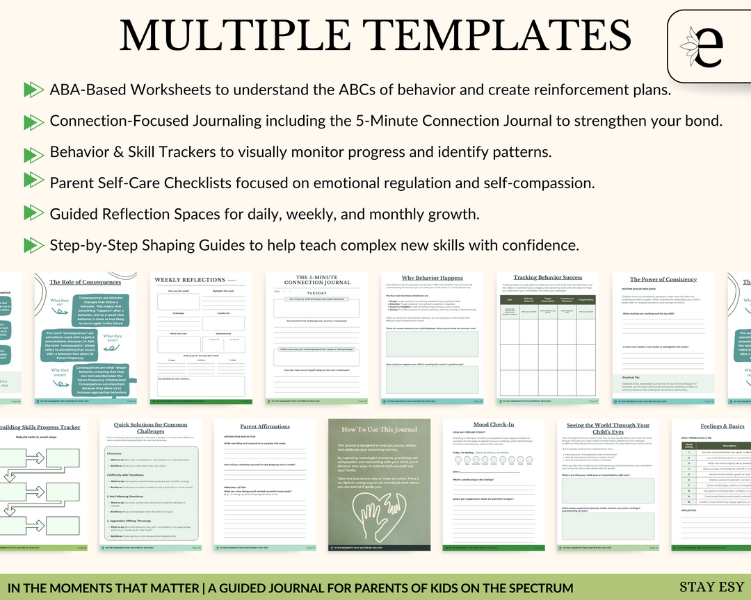Sheet with ABA-based worksheets and templates for parents of children on the spectrum, including behavior trackers and self-care checklists.