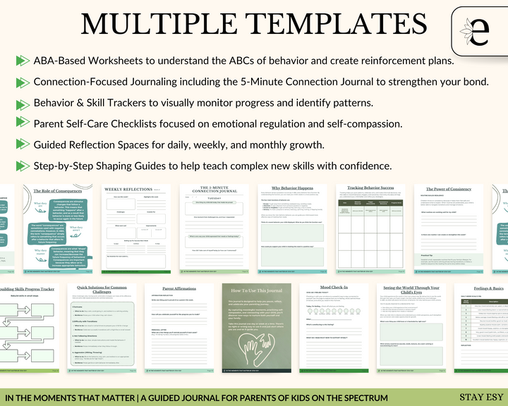 Sheet with ABA-based worksheets and templates for parents of children on the spectrum, including behavior trackers and self-care checklists.