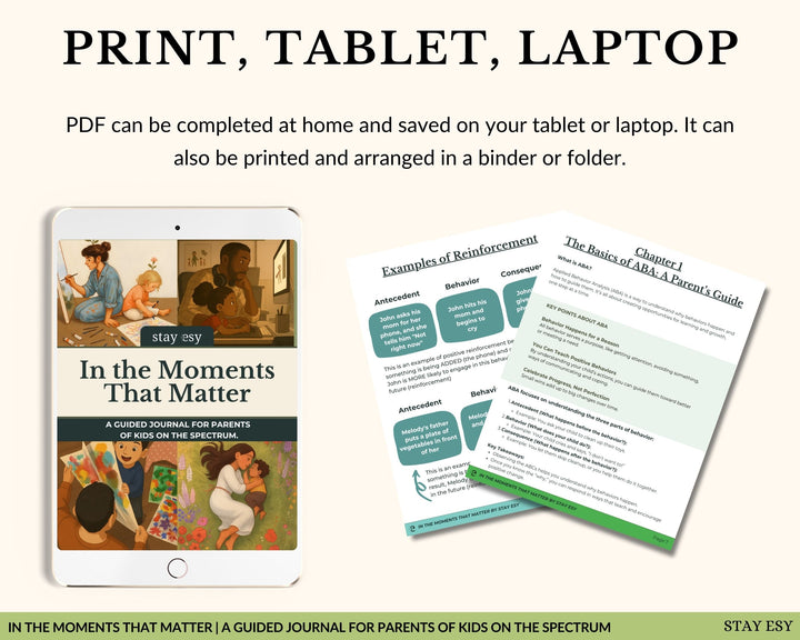 Promotional graphic for a guided journal for parents of children on the spectrum, displayed on a tablet and printed pages.