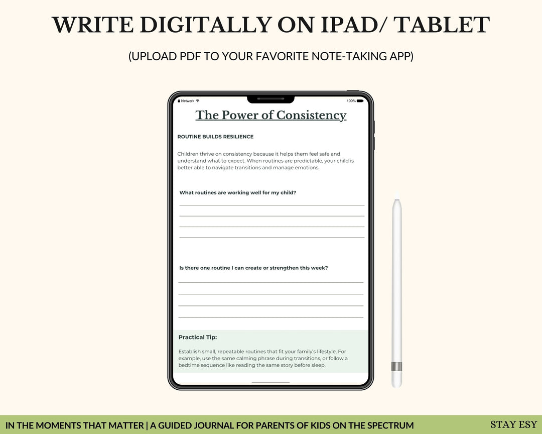 Digital journal on an iPad with a pen next to it, promoting consistency in routines for children on the spectrum.