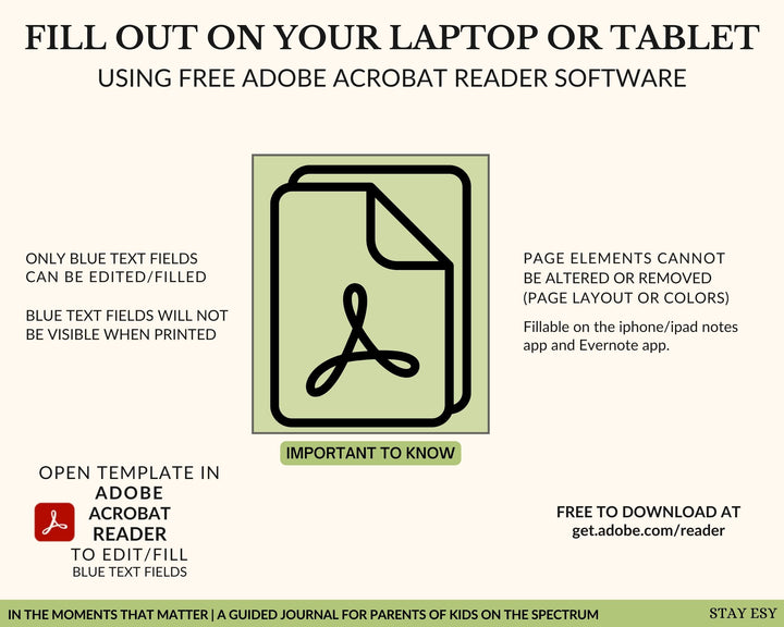 Instructions for using Adobe Acrobat Reader to fill out forms on a laptop or tablet.