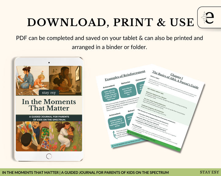 Promotional graphic for a guided journal for parents of children on the spectrum, featuring an iPad and printed pages.