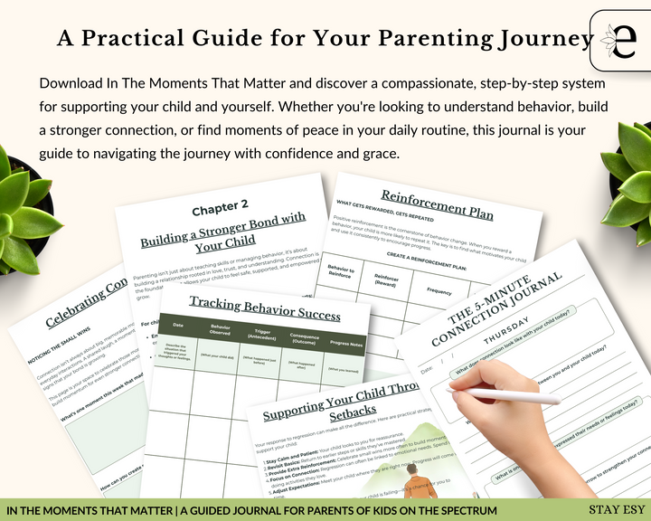 Practical guide for parenting with worksheets and a hand holding a pen on a white surface.
