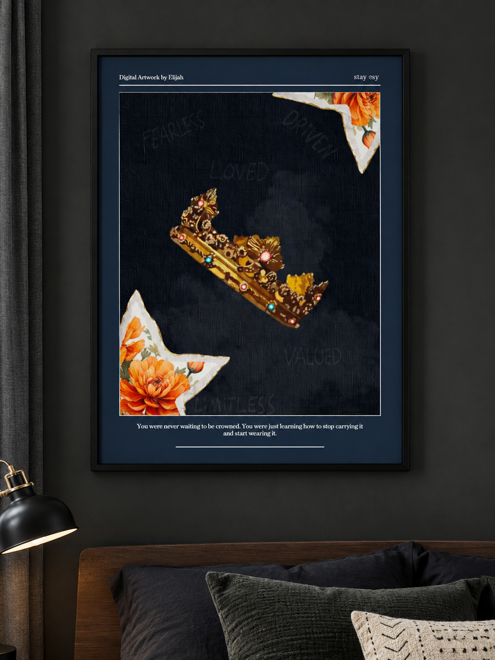 Crowned self-worth wall art print with an ornate gold crown, orange florals, and affirmation text on navy
