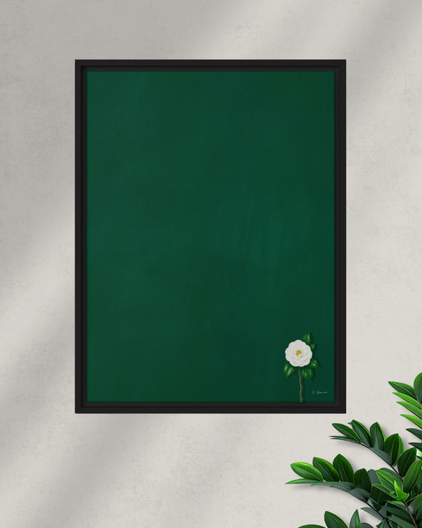 Devotion framed canvas with white camellia on a deep forest-green textured background