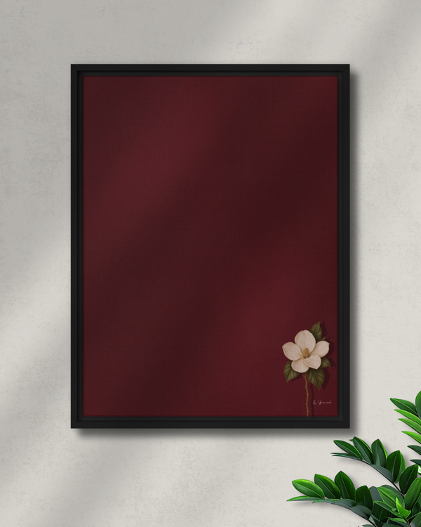 Dignity framed canvas with ivory magnolia on a deep burgundy textured background