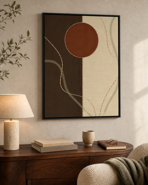 A framed abstract wall art print hangs above a wooden console table in a styled interior. The artwork features a large warm brown circle over a split dark brown and cream background with thin wavy lines.