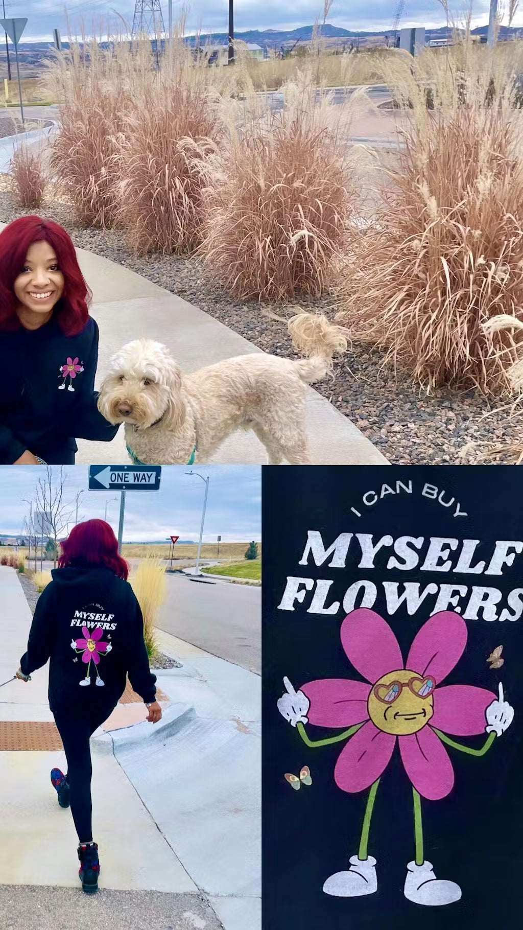Woman walking a dog with a shirt featuring a cartoon flower design, alongside the shirt design.