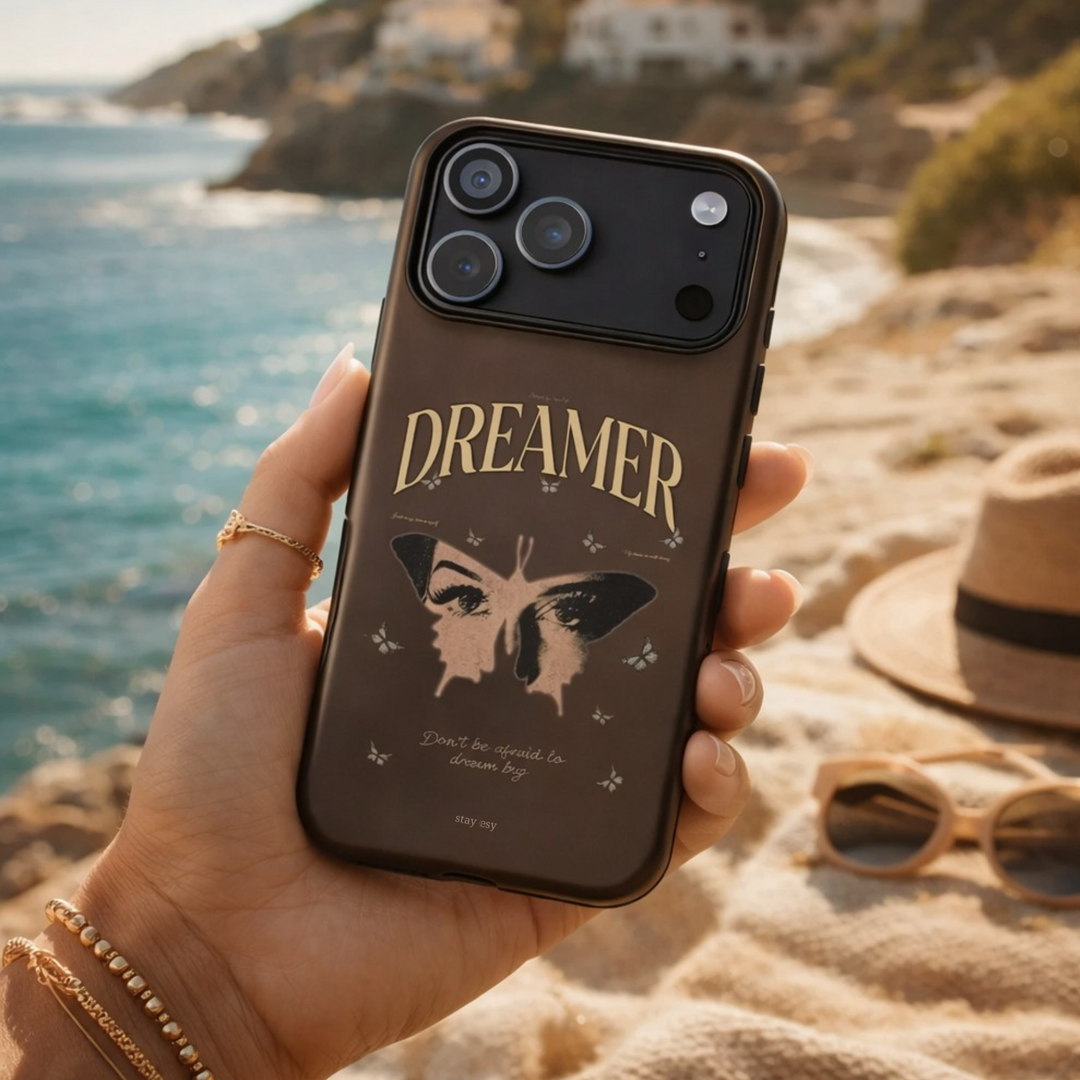 Dreamer brown vintage butterfly tough iPhone case with do not be afraid to dream big affirmation by Stay Esy