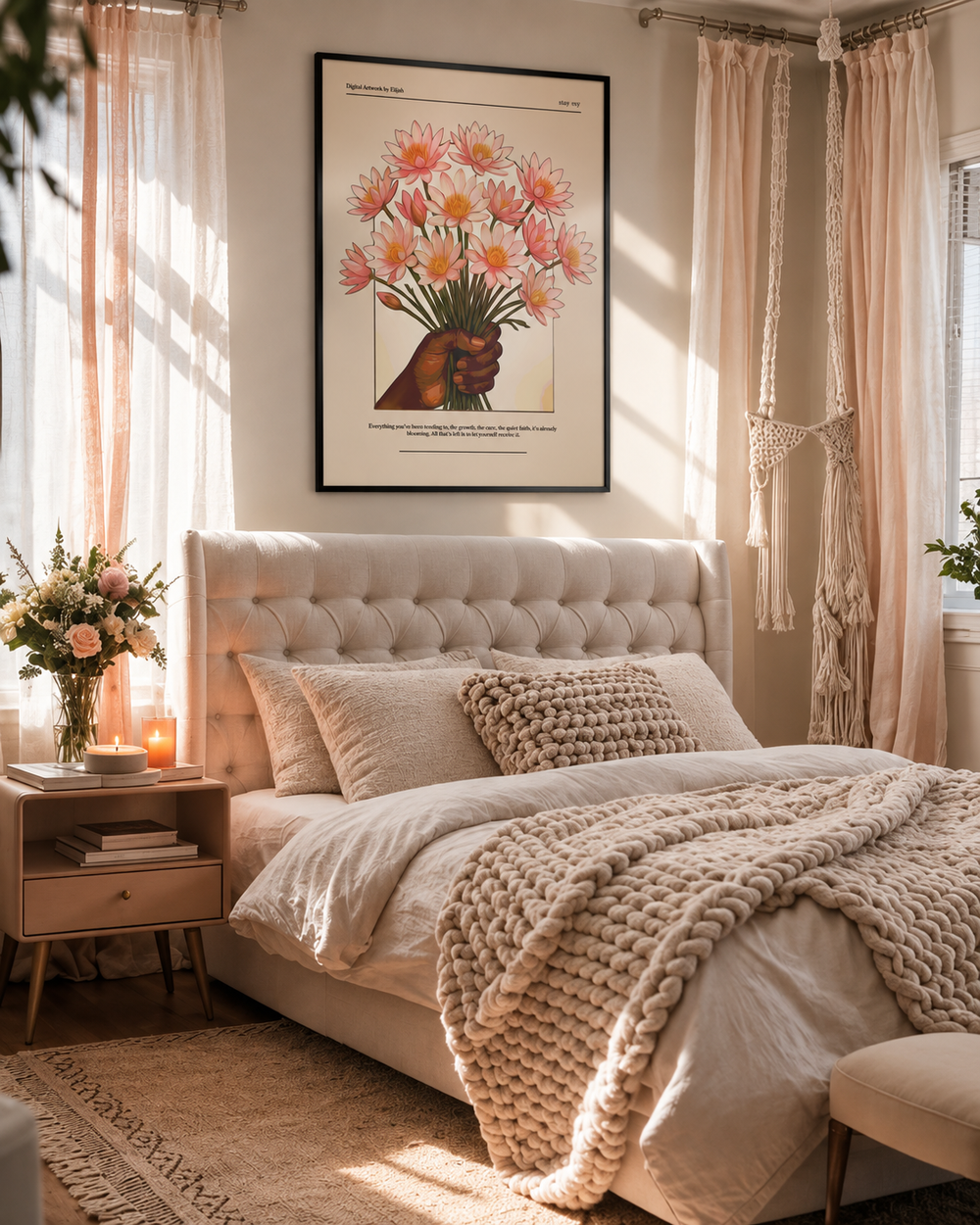 A beautifully styled bedroom featuring a large framed botanical art print of a hand holding a bouquet of pink and yellow flowers, hung above a tufted cream bed with beige bedding and a chunky knit throw blanket.