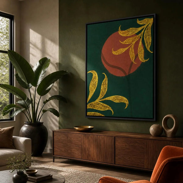 A framed vertical wall art print featuring a dark green background with a large terracotta orange circle and gold leafy branches, displayed in a modern living room setting above a wooden console table.
