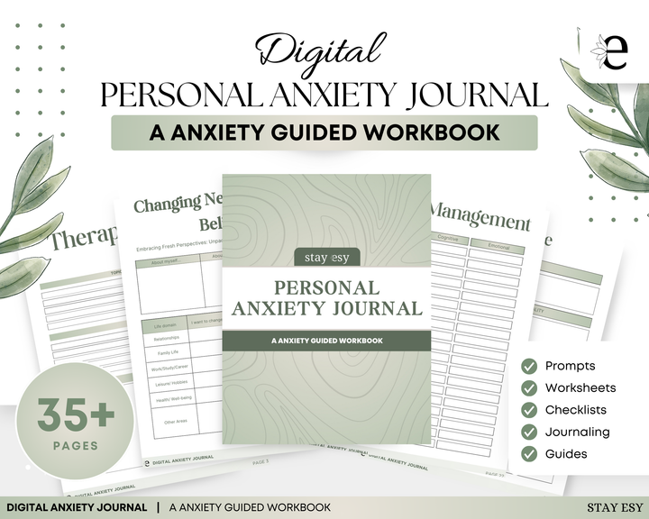 Digital Anxiety Journal | Self Care Guided Journal for Mental Health | Therapy Journal PDF | Self-Healing Workbook | Anxiety Relief Planner