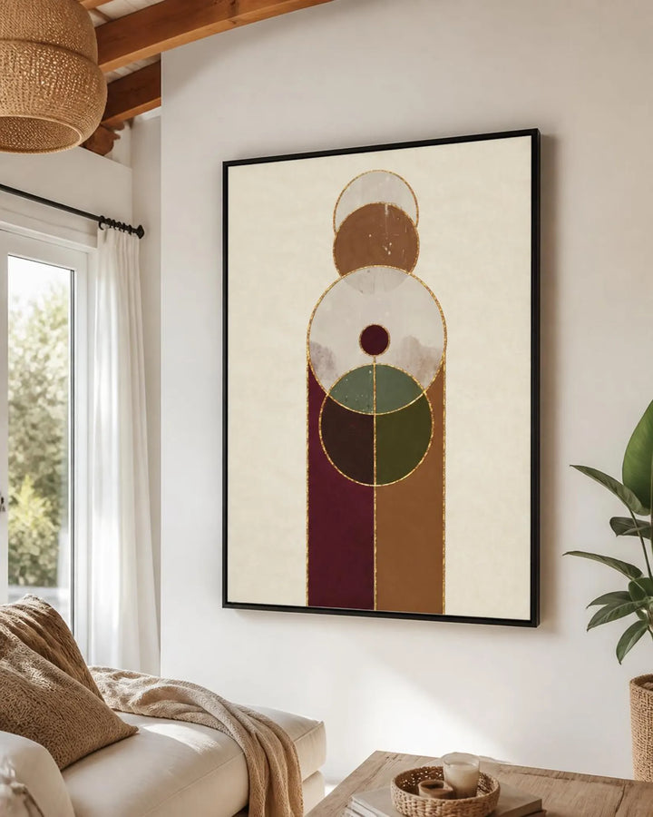 Return to Center framed abstract canvas with geometric shapes in neutral, brown, green, burgundy, and gold tones
