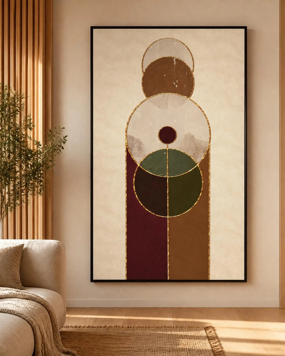 Return to Center framed abstract canvas with geometric shapes in neutral, brown, green, burgundy, and gold tones.