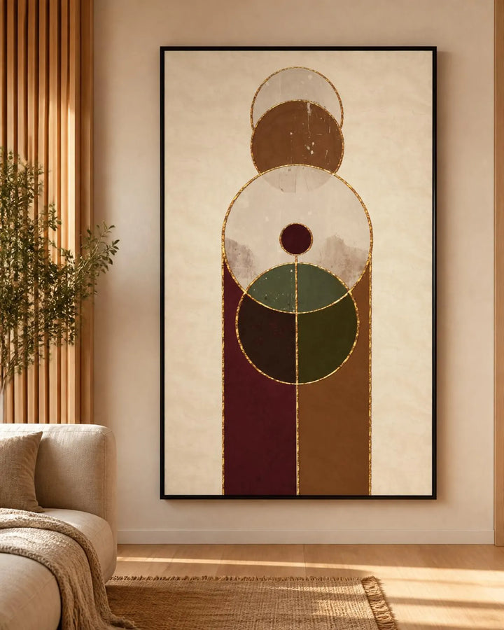 Return to Center framed abstract canvas with geometric shapes in neutral, brown, green, burgundy, and gold tones.