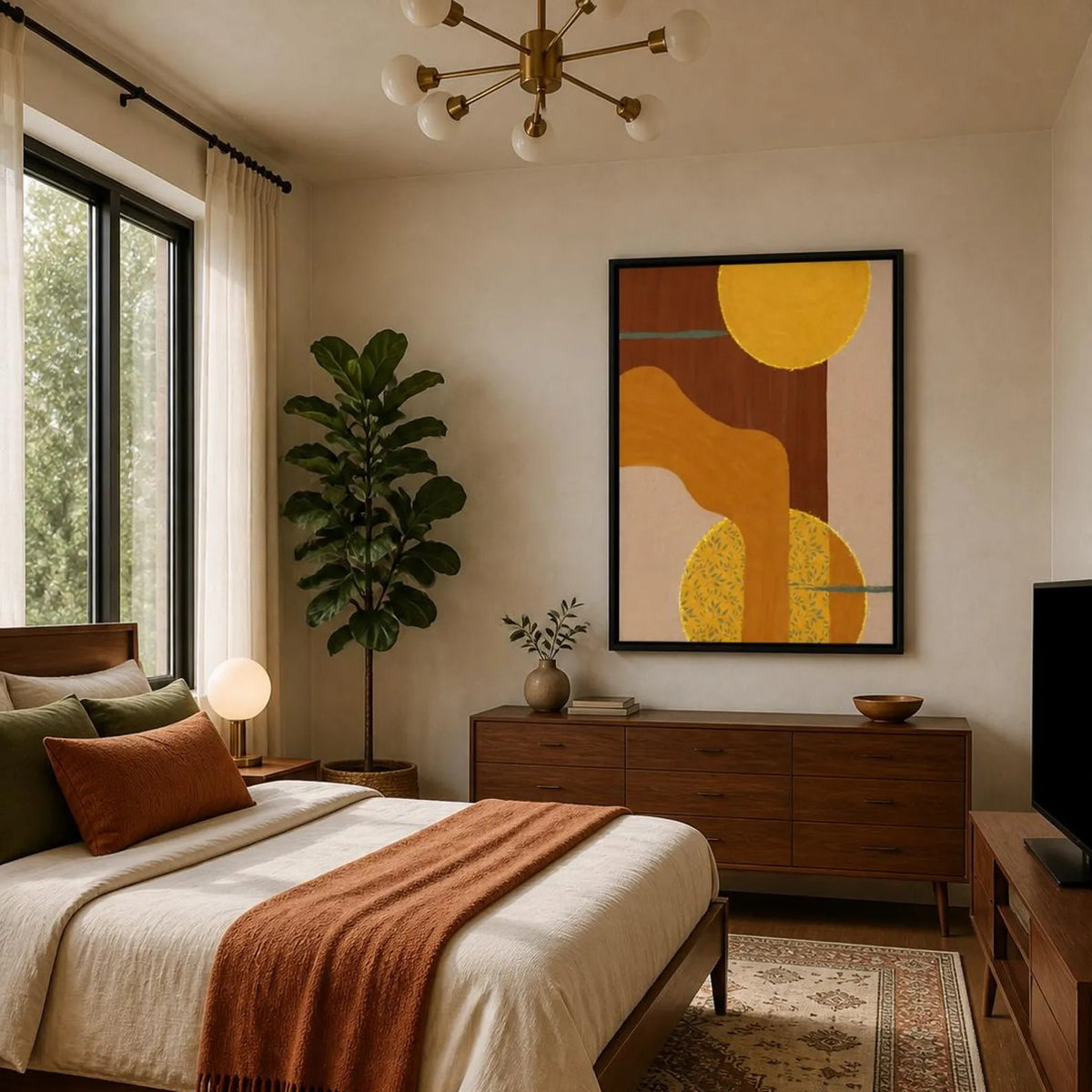 A styled bedroom interior featuring a bed with cream bedding and an rust-orange throw, a wooden dresser, a large framed abstract art print on the wall, a potted plant, and a patterned area rug.