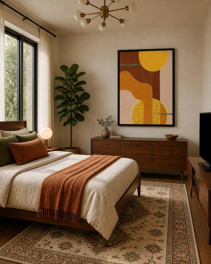A styled bedroom interior featuring a bed with cream bedding and an rust-orange throw, a wooden dresser, a large framed abstract art print on the wall, a potted plant, and a patterned area rug.