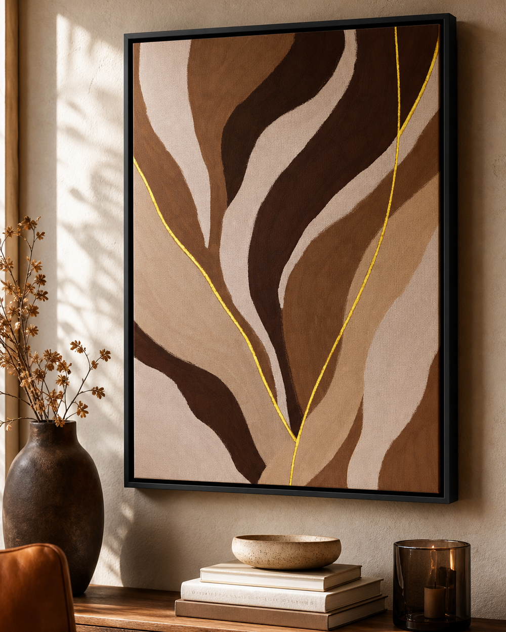 A framed abstract wall art print hangs on a beige wall above a wooden console table. The artwork features flowing organic shapes in dark brown, tan, cream, and light beige, accented by thin yellow lines.