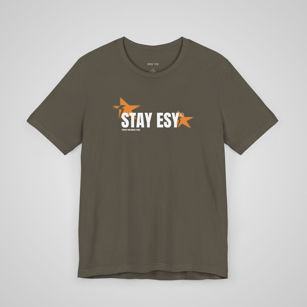 Front view of army green mental health awareness t-shirt with Stay Esy design