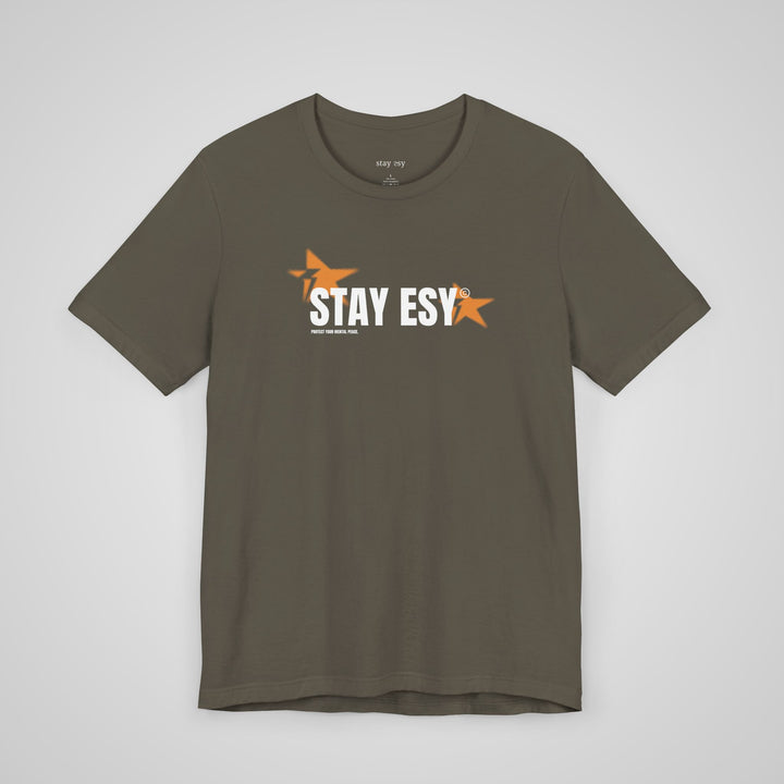 Front view of army green mental health awareness t-shirt with Stay Esy design