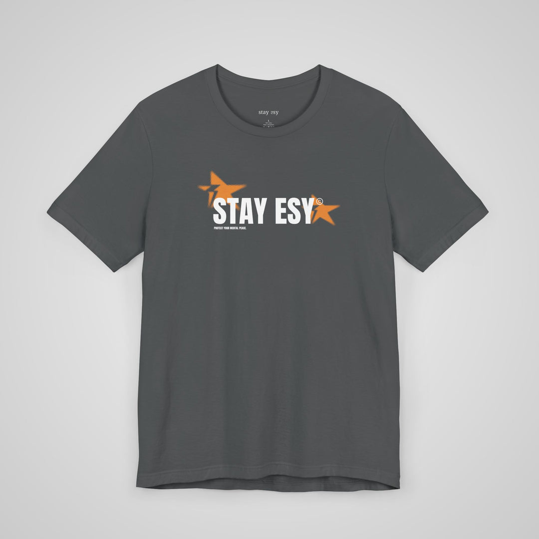 Front view of asphalt gray mental health apparel t-shirt featuring Stay Esy message