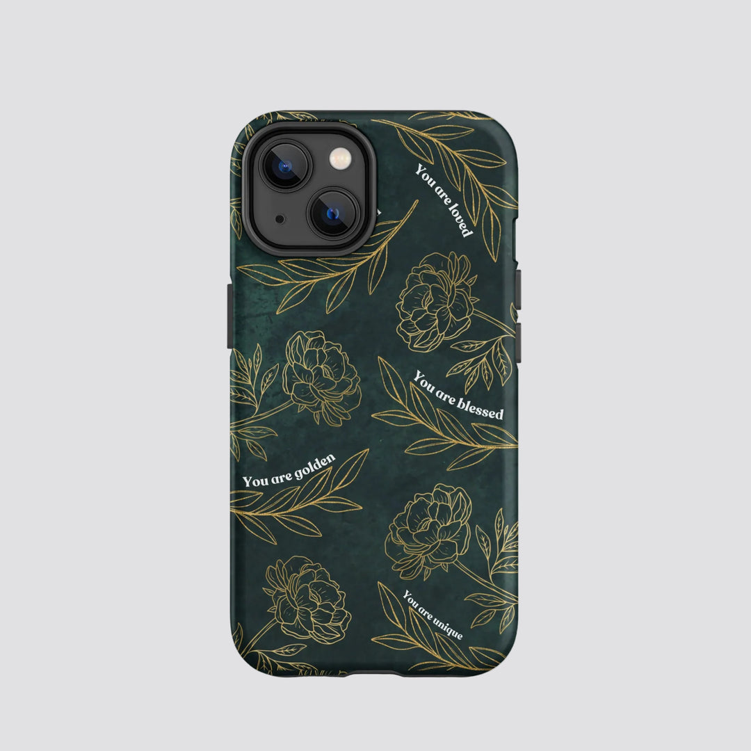 You Are Golden emerald and gold floral tough iPhone case with affirmations by Stay Esy
