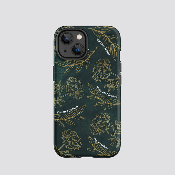 You Are Golden emerald and gold floral tough iPhone case with affirmations by Stay Esy
