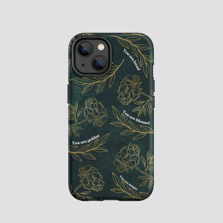 You Are Golden emerald and gold floral tough iPhone case with affirmations by Stay Esy
