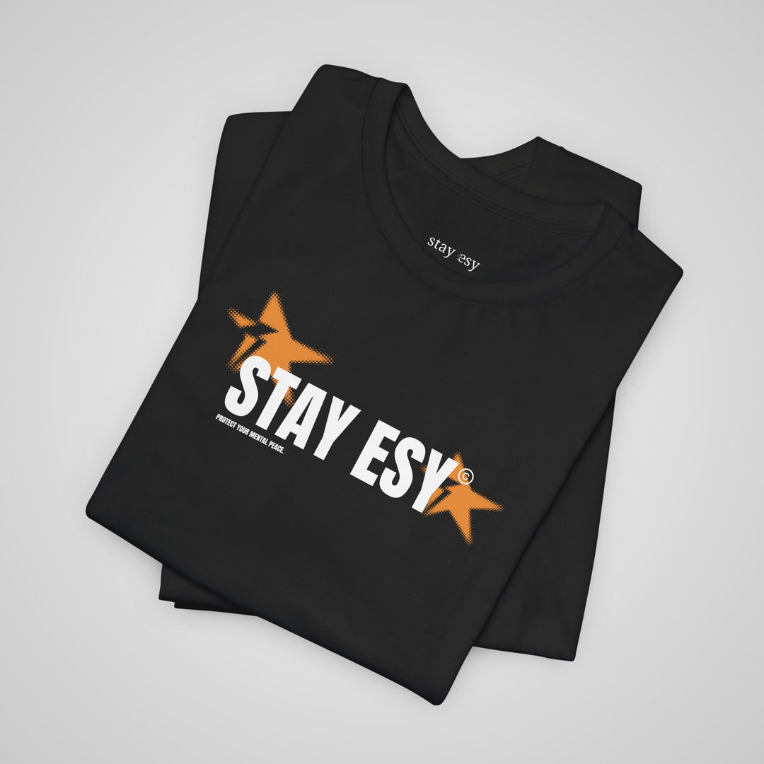 Close-up of black mental health apparel showcasing Stay Esy graphic print