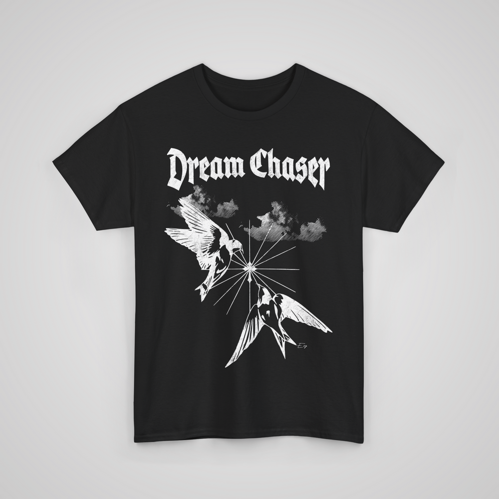 Front view of the Dream Chaser Heavyweight Tee in black, a motivational streetwear graphic t-shirt for men and women.