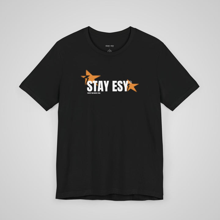 Front view of black mental health awareness t-shirt featuring Stay Esy design
