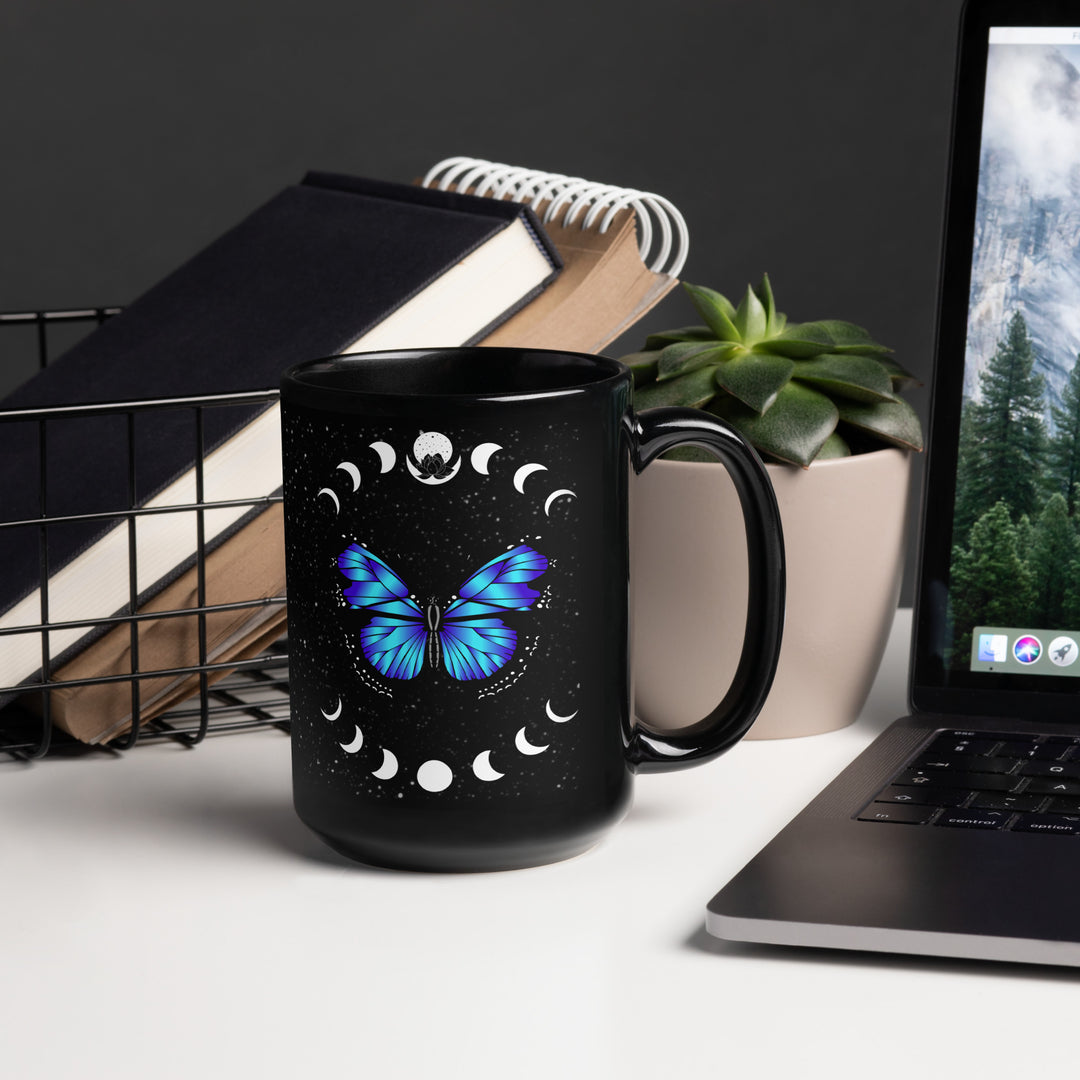 Black Mug with Blue  Butterfly and Moon Phases