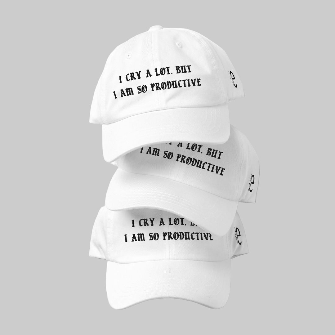 White baseball caps with humorous text on a white background