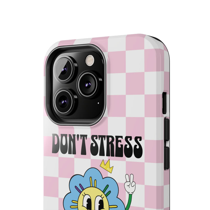 Close-up top view of the Don’t Stress Over The Past iPhone case, showing precise details and premium finish.
