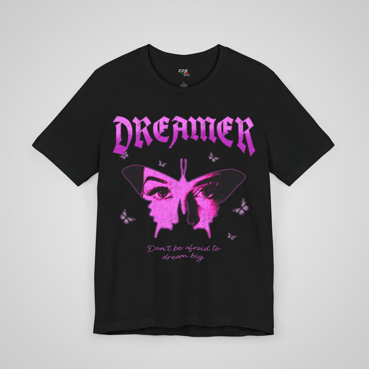 Front view of the Dreamer t-shirt in black, a self-care and mental health awareness t-shirt for men and women.
