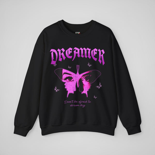 Black front view of Dreamer graphic crewneck sweatshirt for men and women.