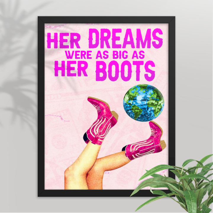 Cowgirl inspirational wall art print featuring 'Her Dreams Were as Big as Her Boots' in rustic design