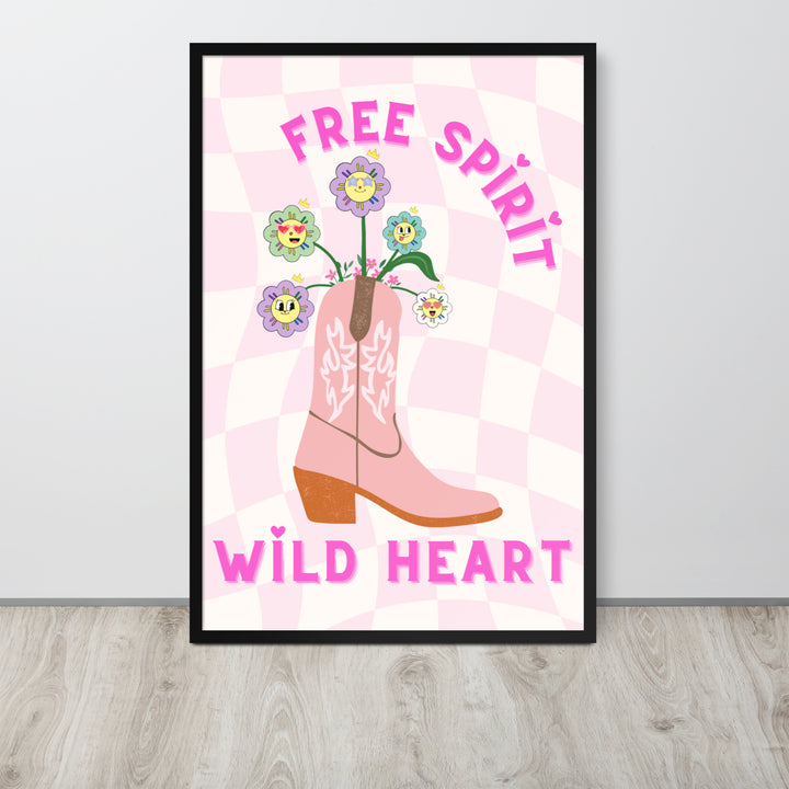 Pink cowgirl boot wall art with flowing flowers and free spirit quote