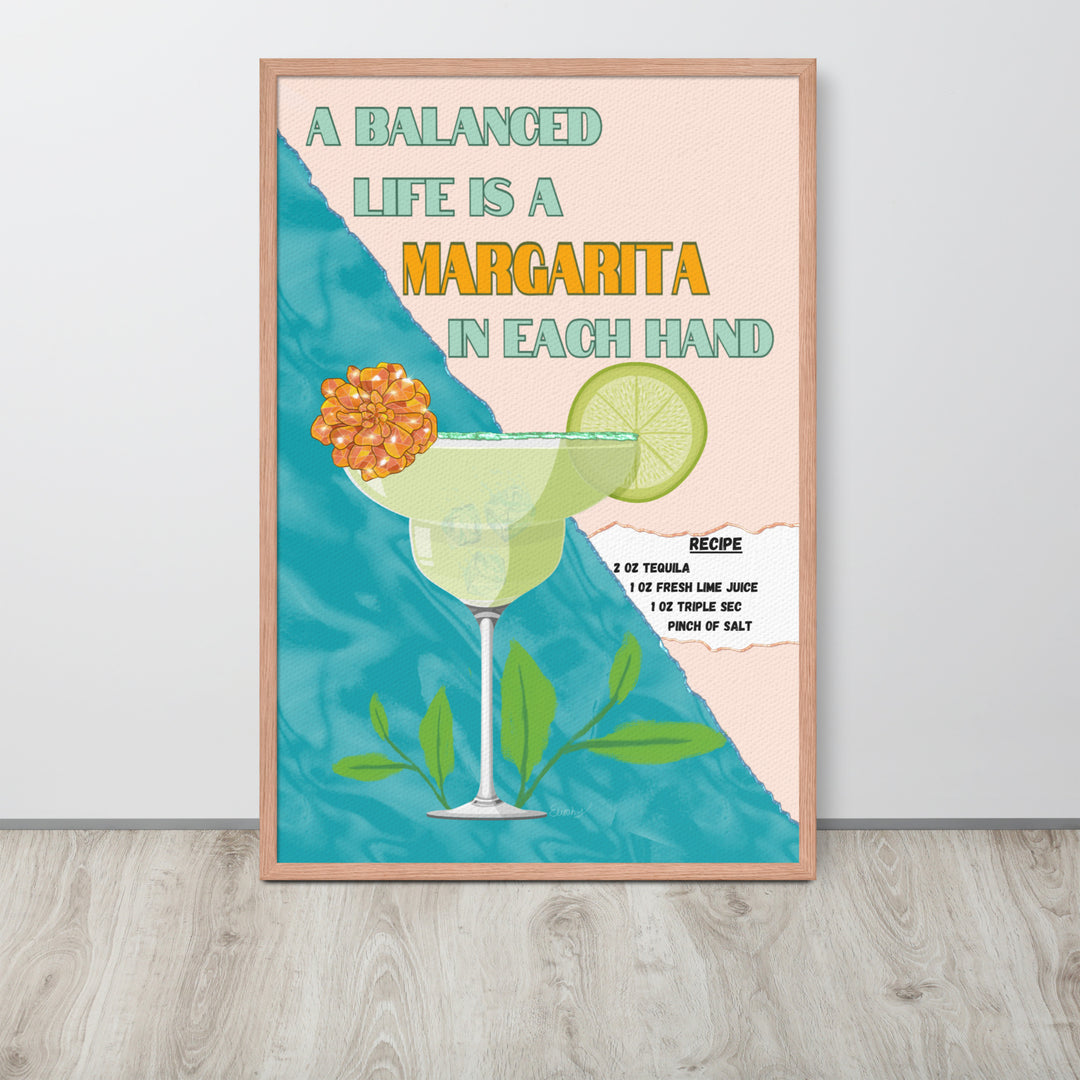 Home bar print featuring tequila cocktail illustration and fun balance quote