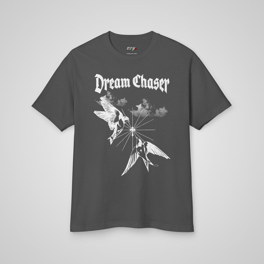 Front view of the Dream Chaser Heavyweight Tee in faded black, a stylish self-care and awareness t-shirt.