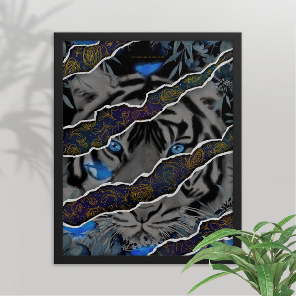 The Fierce White Tiger mental health wall art in a 16""x20"" black frame, symbolizing strength and motivation.
