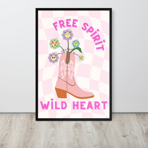Free Spirit Wild Heart Floral Cowgirl Boot Wall Art, a stunning pink wall art print featuring an illustrated floral boot with cartoon wall art charm.
