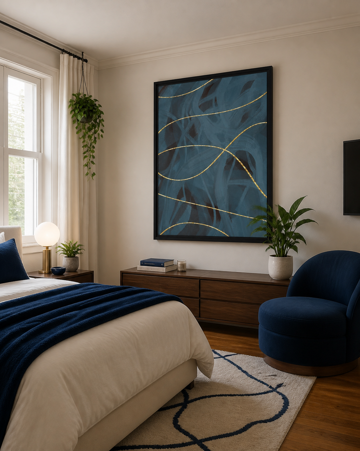 Boundaries - Blue Gray Abstract Framed Canvas Wall Art
